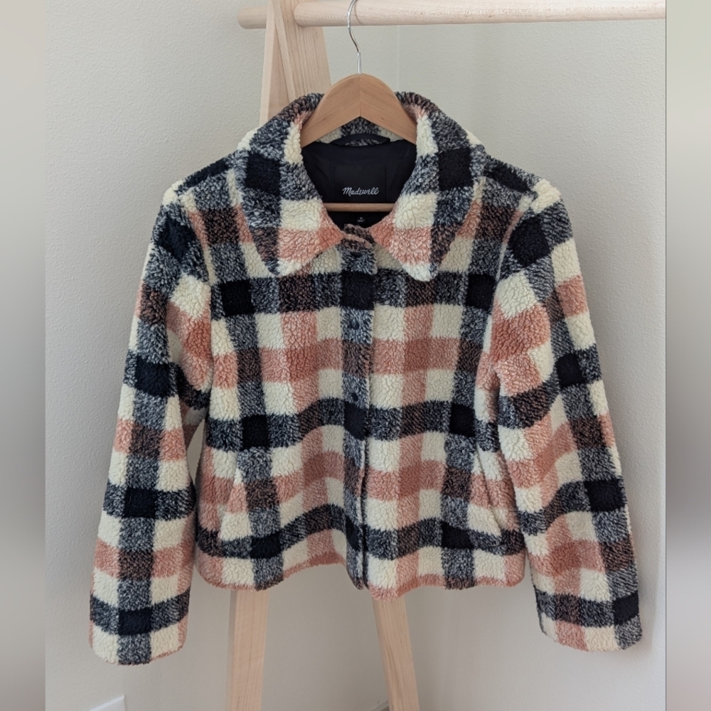 Madewell Hazlewood Faux Fur Plaid Sherpa Jacket In Black/Coral/Ivory - M - Picture 4 of 13